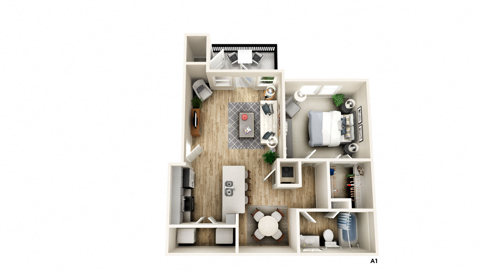Floor plan for 1 bed, 1 bath, 729 sqft