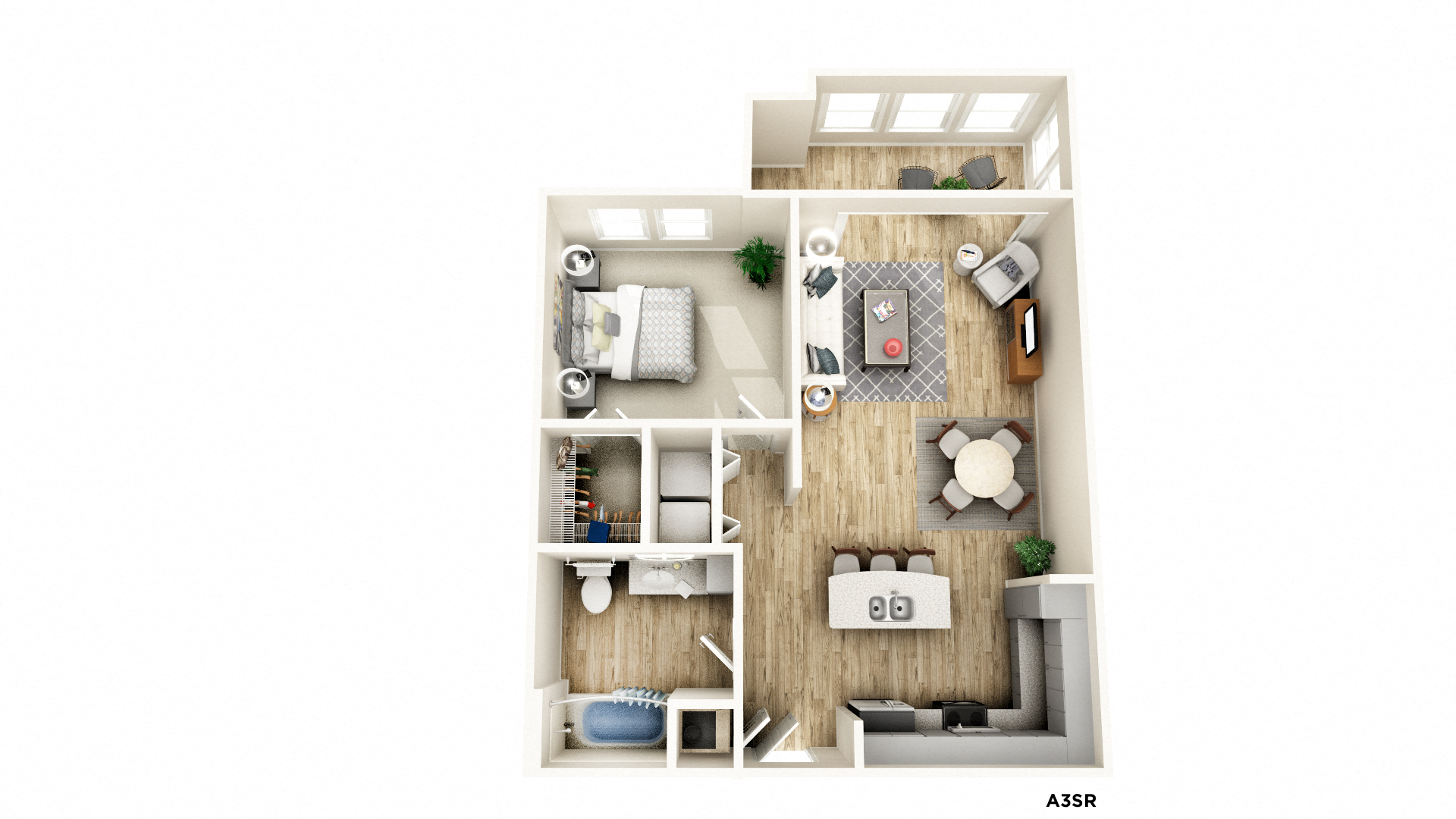 Floor plan for 1 bed, 1 bath, 838 sqft