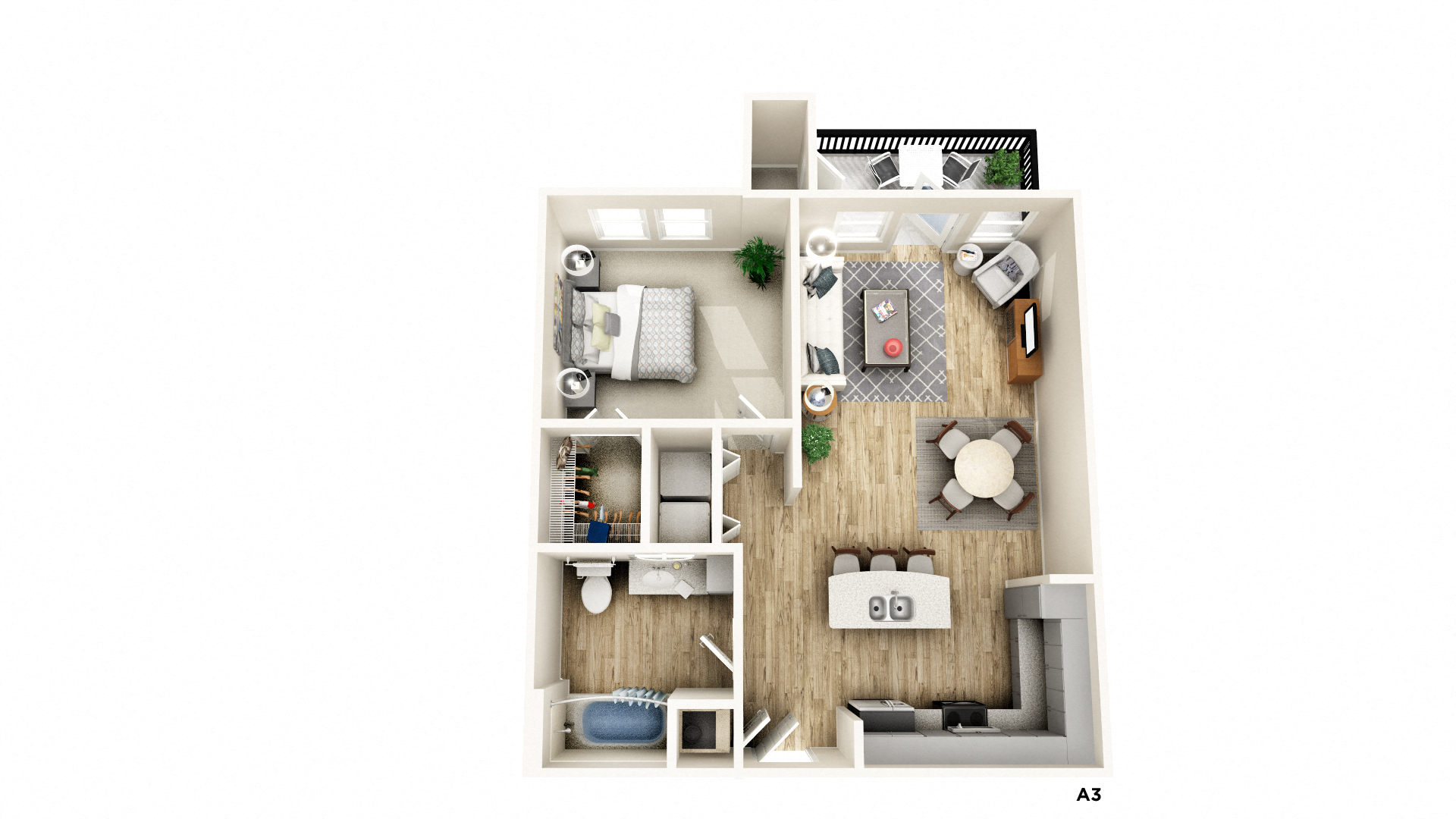 Floor plan for 1 bed, 1 bath, 742 sqft