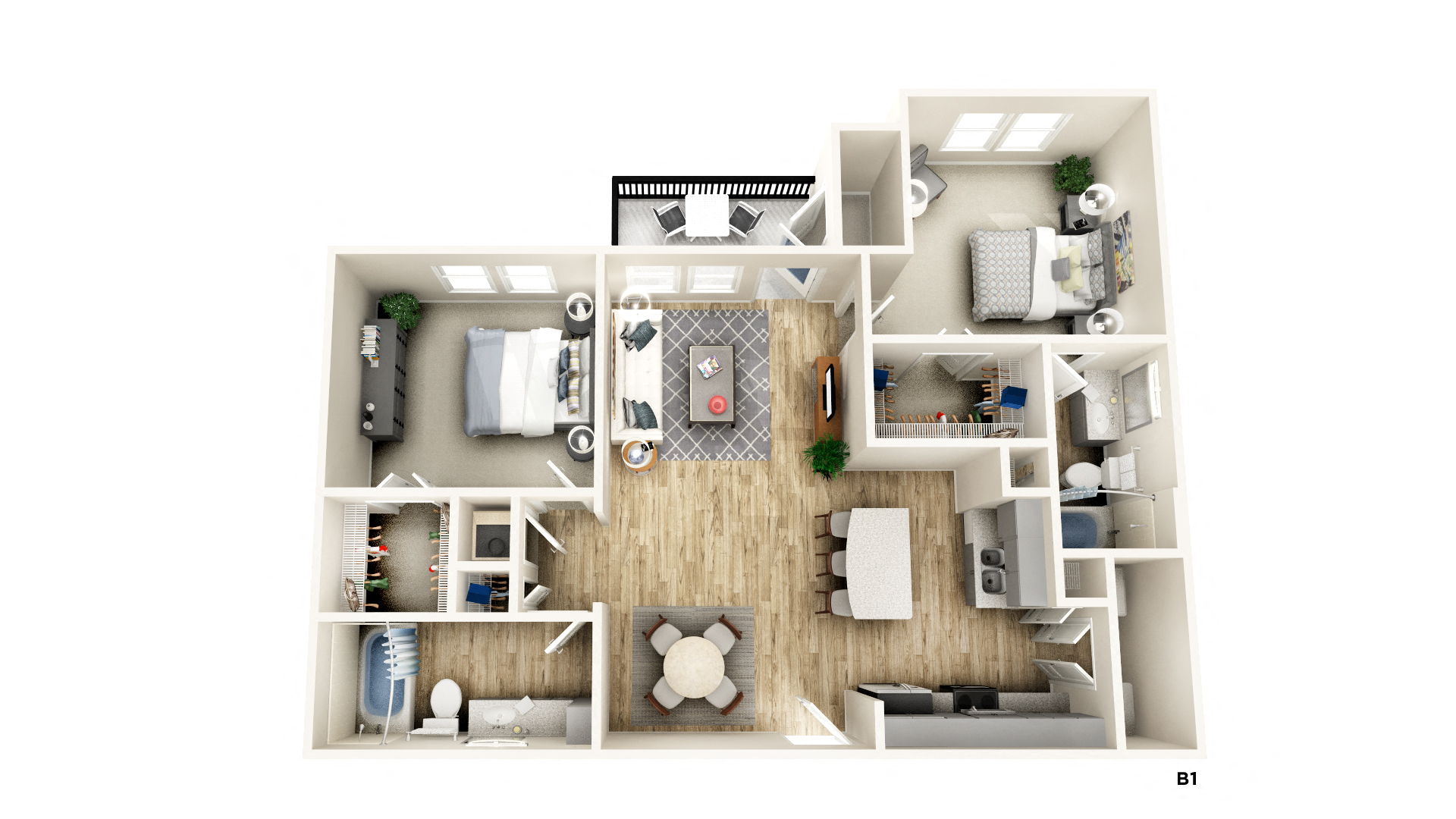 Floor plan for 2 beds, 2 baths, 1072 sqft