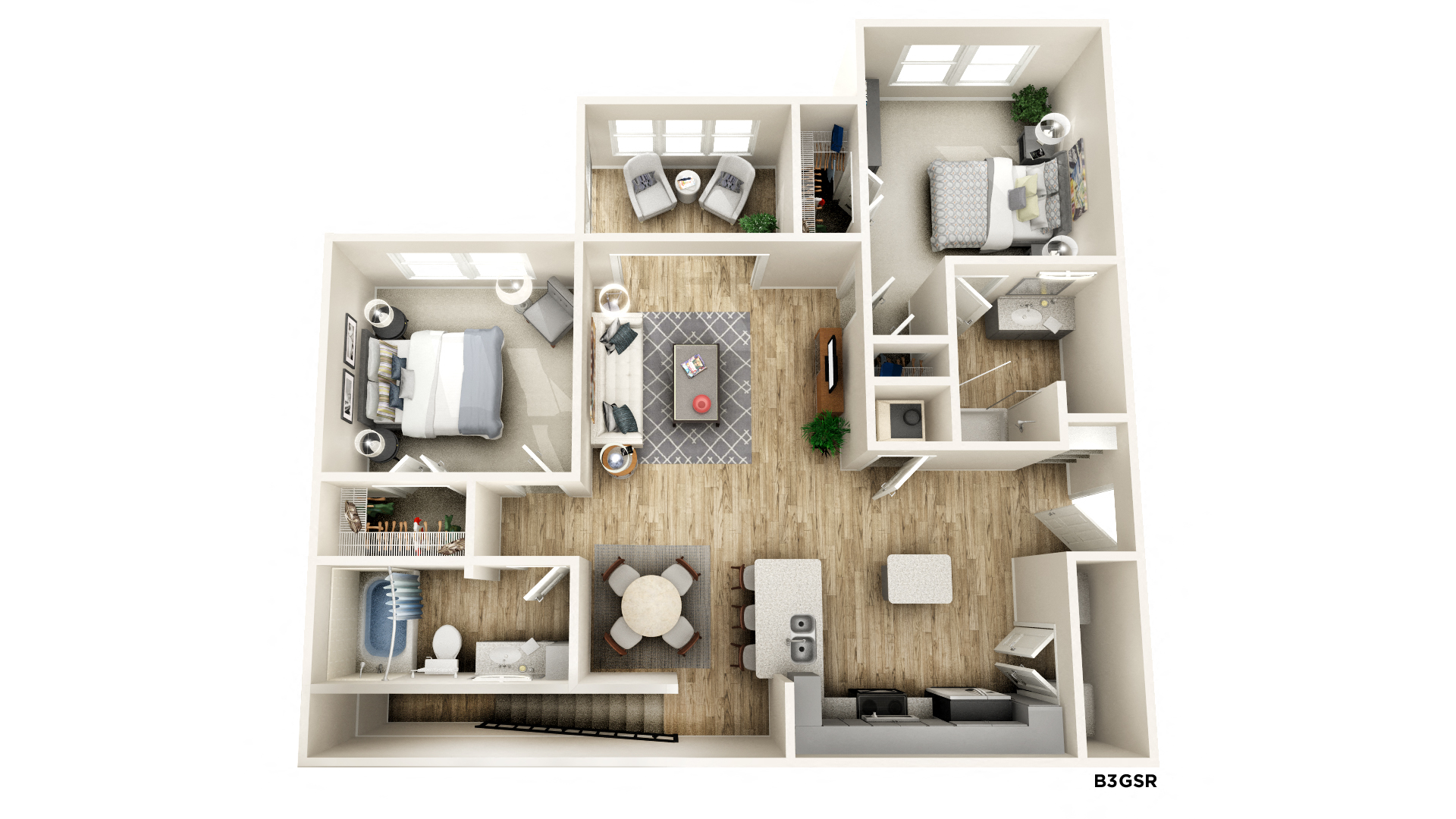 Floor plan for 2 beds, 2 baths, 1232 sqft