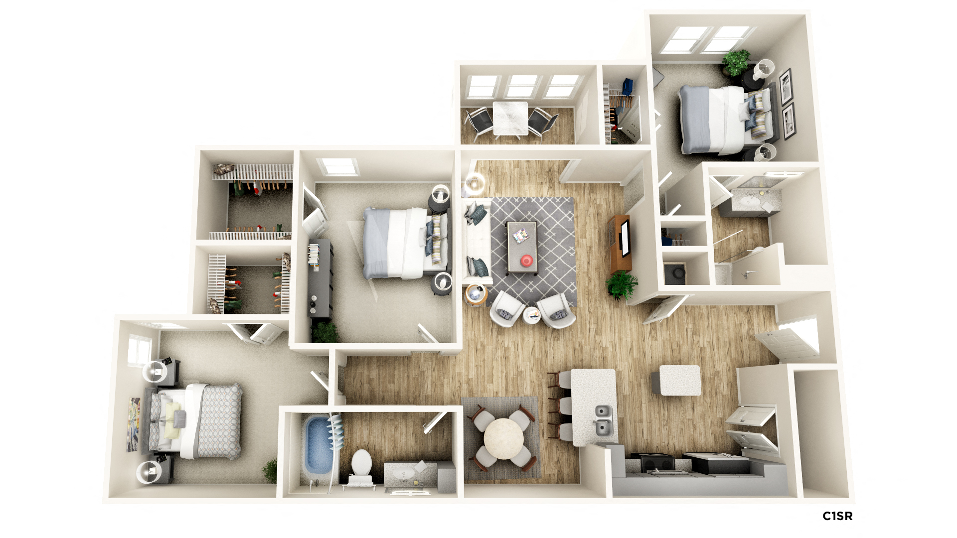 Floor plan for 3 beds, 2 baths, 1463 sqft