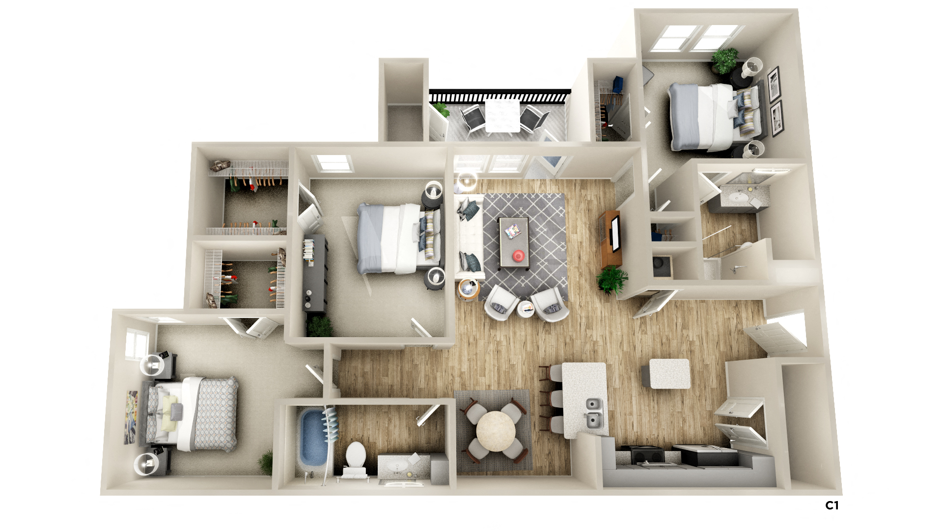 Floor plan for 3 beds, 2 baths, 1392 sqft