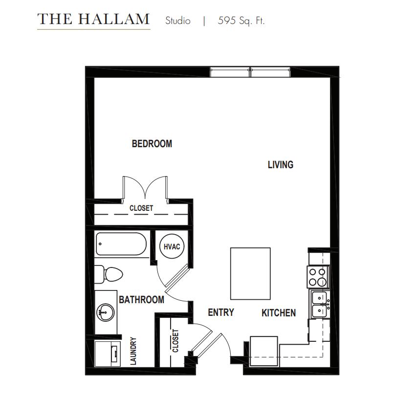 Floor plan for studio, 1 bath, 595 sqft