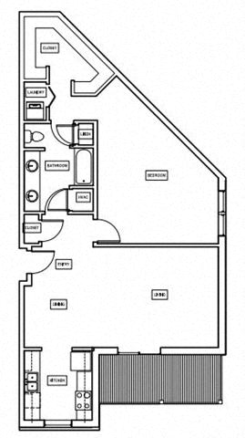 Floor plan for 1 bed, 1 bath, 1067 sqft