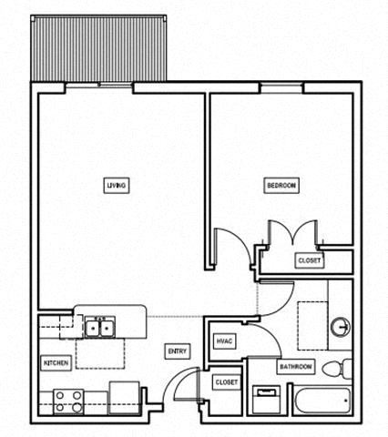Floor plan for 1 bed, 1 bath, 745 sqft