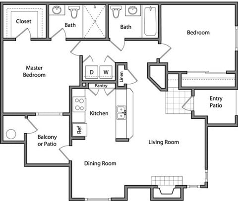 Floor plan for 2 beds, 2 baths, 1000 sqft