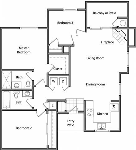 Floor plan for 3 beds, 2 baths, 1100 sqft