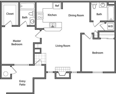 Floor plan for 2 beds, 2 baths, 900 sqft