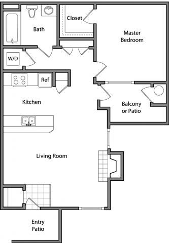Floor plan for 1 bed, 1 bath, 750 sqft