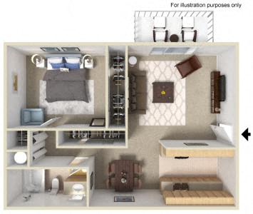 Floor plan for 1 bed, 1 bath, 660 sqft