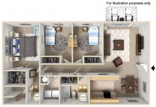 Floor plan for 3 beds, 2 baths, 1125 sqft