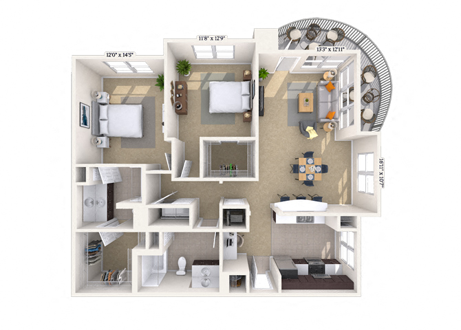 Floor plan for 2 beds, 2 baths, 1290 sqft