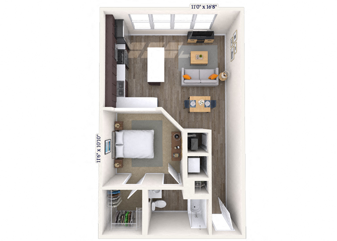 Floor plan for studio, 1 bath, 643 sqft
