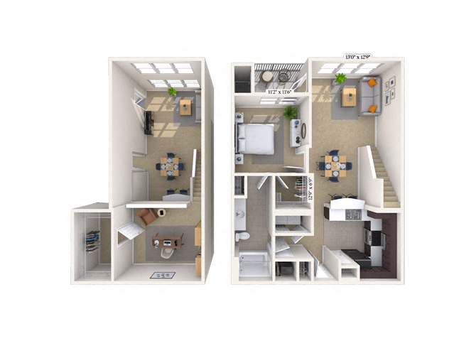 Floor plan for 1 bed, 1 bath, 972 sqft