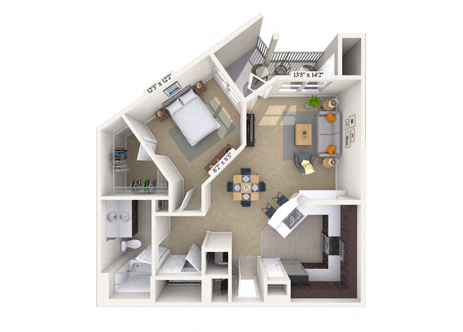 Floor plan for 1 bed, 1 bath, 813 sqft