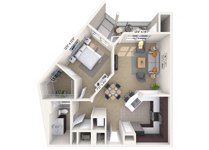 Floor plan for 1 bed, 1 bath, 794 sqft