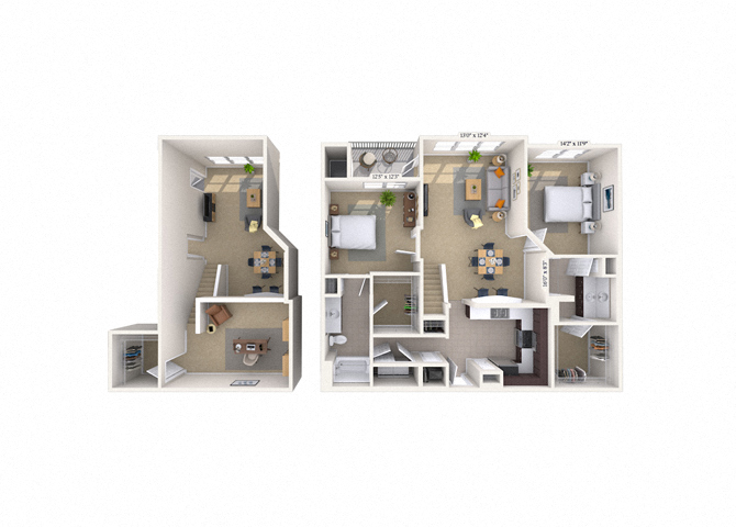 Floor plan for 2 beds, 2 baths, 1383 sqft