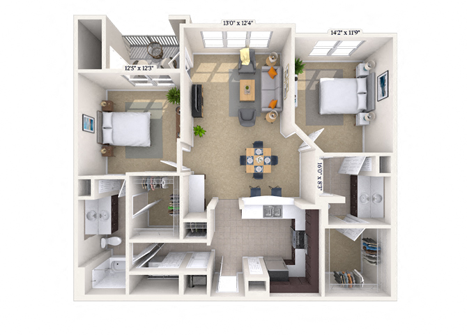 Floor plan for 2 beds, 2 baths, 1173 sqft