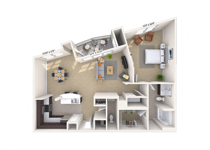 Floor plan for 1 bed, 1 bath, 988 sqft