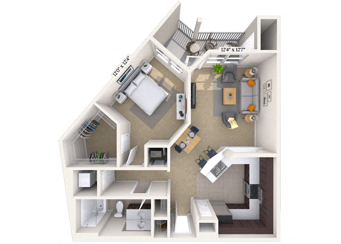 Floor plan for 1 bed, 1 bath, 763 sqft