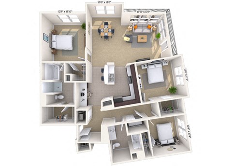 Floor plan for 3 beds, 2 baths, 1563 sqft