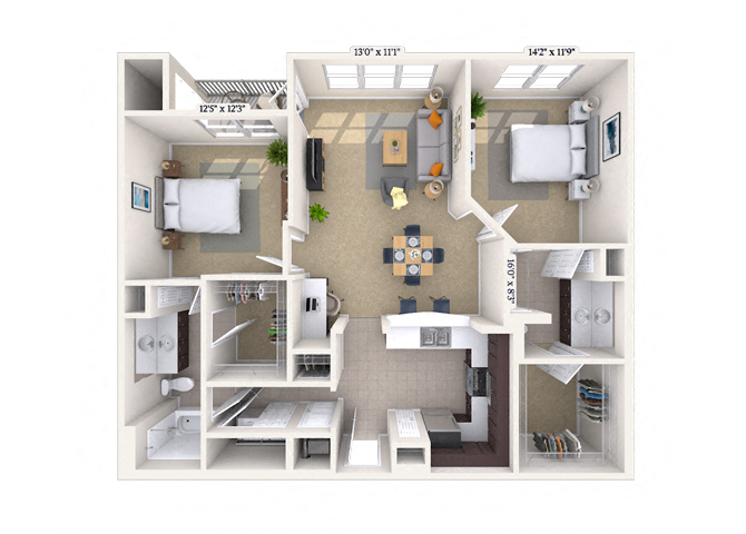 Floor plan for 2 beds, 2 baths, 1159 sqft