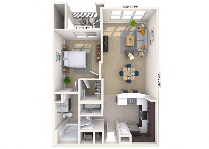 Floor plan for 1 bed, 1 bath, 766 sqft