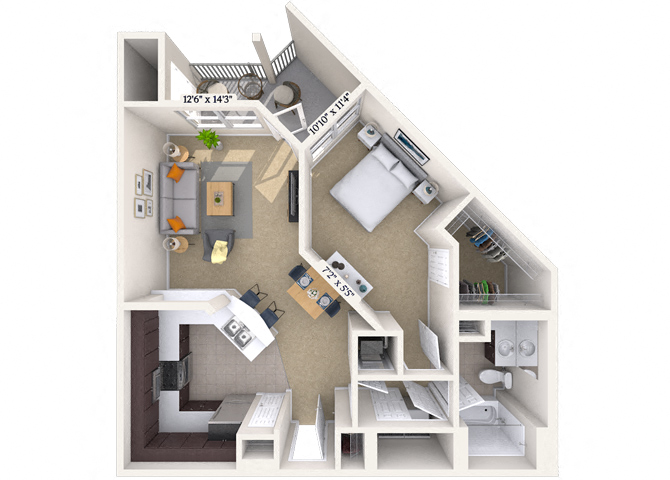 Floor plan for 1 bed, 1 bath, 758 sqft