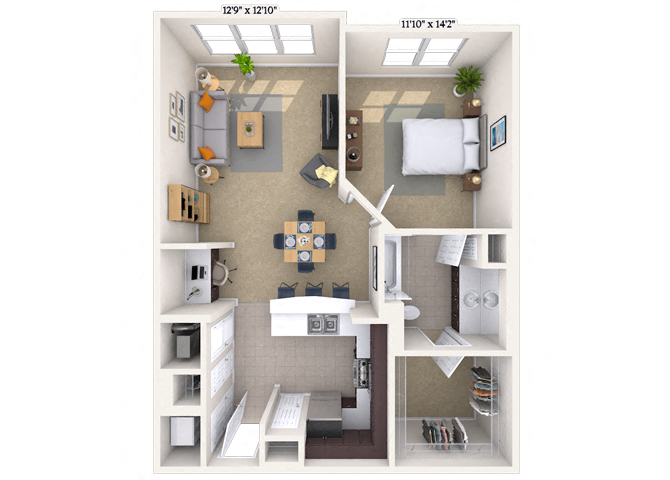 Floor plan for 1 bed, 1 bath, 829 sqft