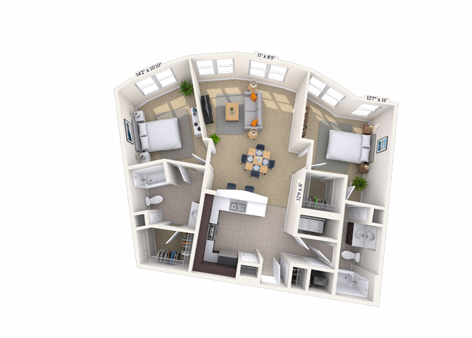 Floor plan for 2 beds, 2 baths, 1072 sqft