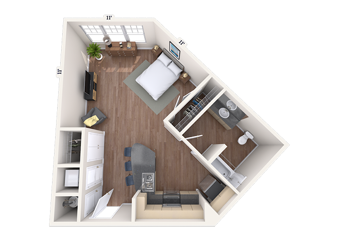 Floor plan for studio, 1 bath, 600 sqft