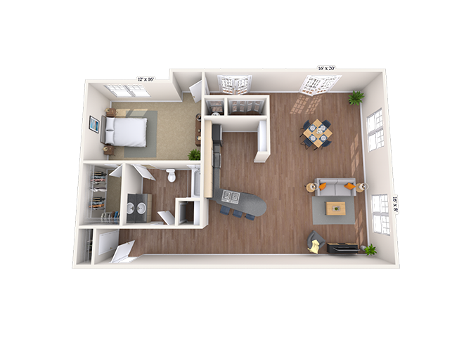 Floor plan for 1 bed, 1 bath, 1157 sqft