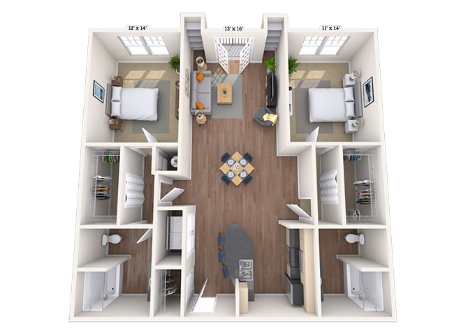Floor plan for 2 beds, 2 baths, 1216 sqft