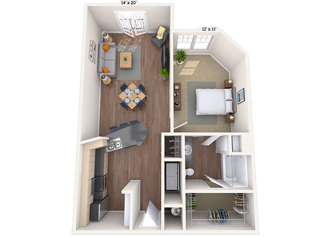 Floor plan for 1 bed, 1 bath, 804 sqft