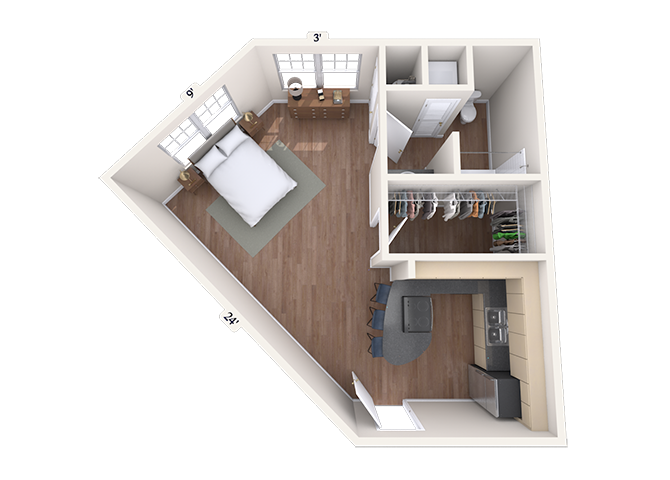 Floor plan for studio, 1 bath, 600 sqft