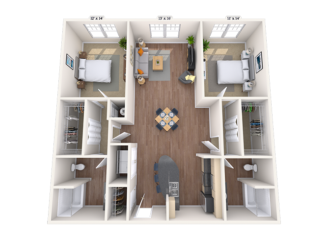 Floor plan for 2 beds, 2 baths, 1199 sqft