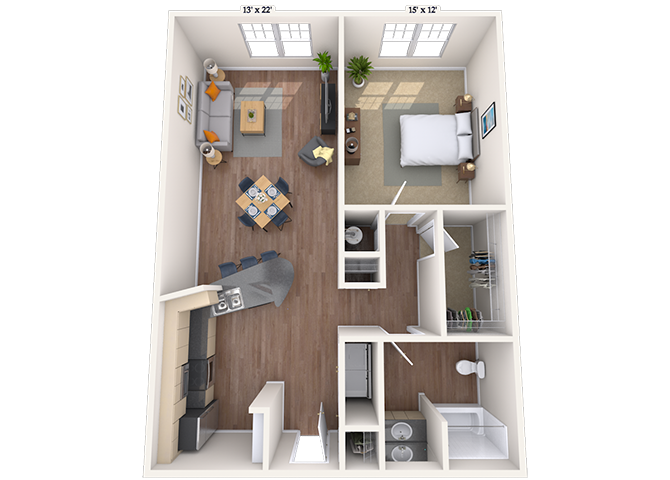 Floor plan for 1 bed, 1 bath, 871 sqft