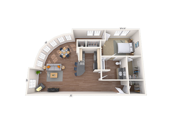 Floor plan for 1 bed, 1 bath, 1132 sqft
