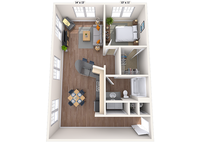 Floor plan for 1 bed, 1 bath, 944 sqft