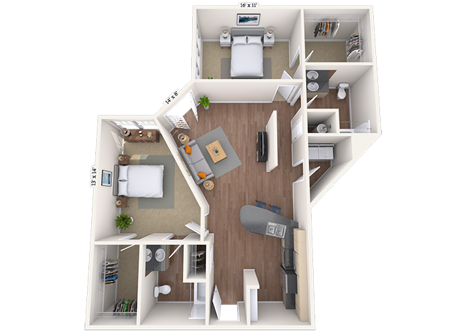 Floor plan for 2 beds, 2 baths, 1396 sqft