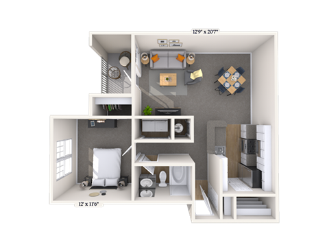 Floor plan for 1 bed, 1 bath, 719 sqft
