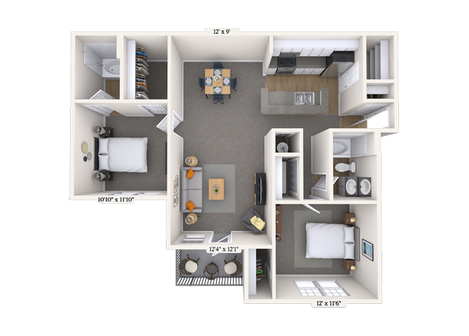 Floor plan for 2 beds, 2 baths, 1050 sqft
