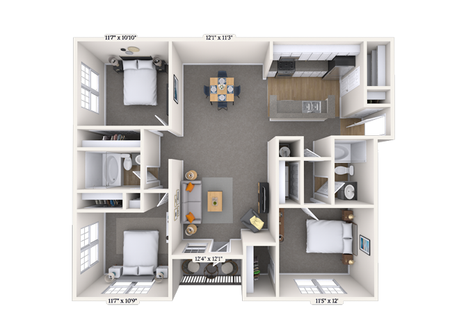 Floor plan for 3 beds, 2 baths, 1226 sqft