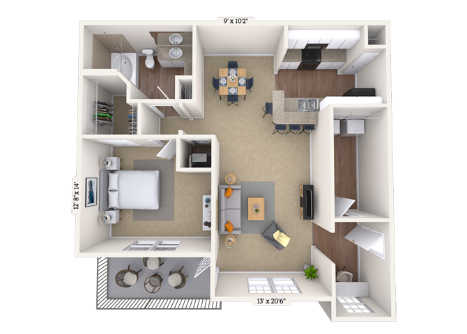 Floor plan for 1 bed, 1 bath, 990 sqft