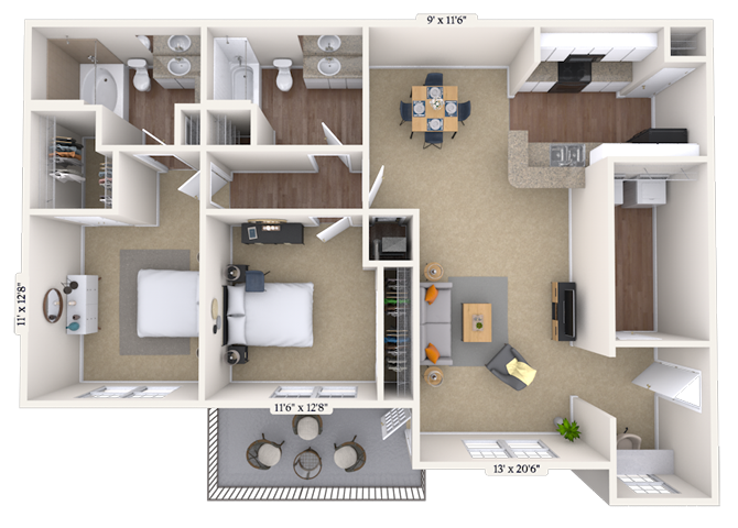 Floor plan for 2 beds, 2 baths, 1308 sqft