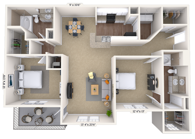 Floor plan for 2 beds, 2 baths, 1344 sqft