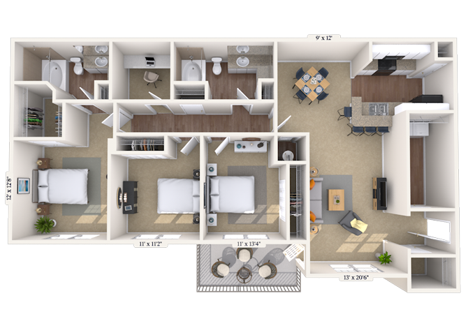 Floor plan for 3 beds, 2 baths, 1579 sqft