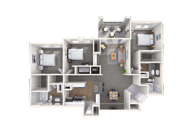 Floor plan for 3 beds, 2 baths, 1381 sqft