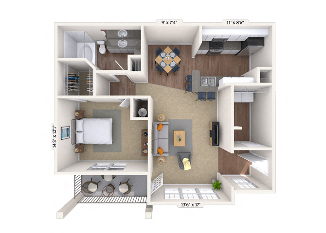 Floor plan for 1 bed, 1 bath, 902 sqft